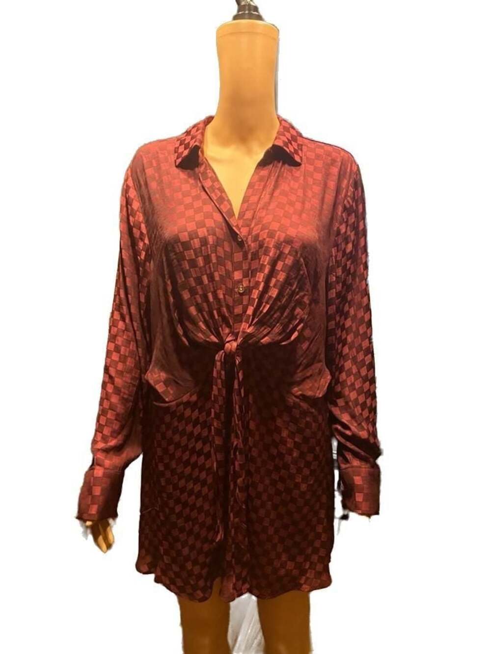 Cato Plus Size Checker Jacquard Knot Front Satin Shirt Dress
